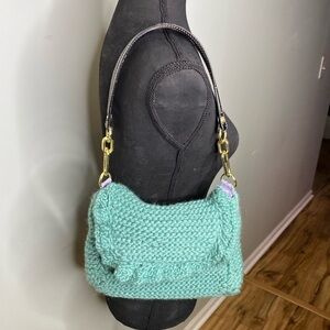 Y2K shoulder blue teal knitted bag gold hardware black leather handle